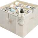 Shoe Organizer for Closet, Foldable Shoe Storage Containers with Clear Cover, Reinforced Handles Fits 8-16 Pairs, Space Saving Stackable Design for Sneakers Sandals Slippers (White)
