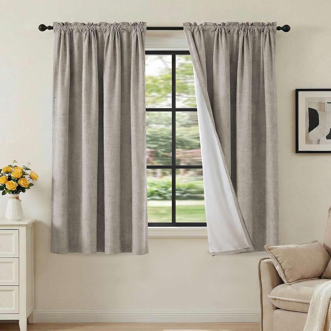 H.VERSAILTEX Linen Look 100% Blackout Curtains 54 Inches Long for Bedroom Full Light Blocking Rod Pocket Linen Textured Thick Window Curtain Drapes with White Backing, Stone, 2 Panels