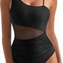 SUUKSESS Women Mesh One Shoulder One Piece Swimsuit Tummy Control Bathing Suit (Small, 88 Black)