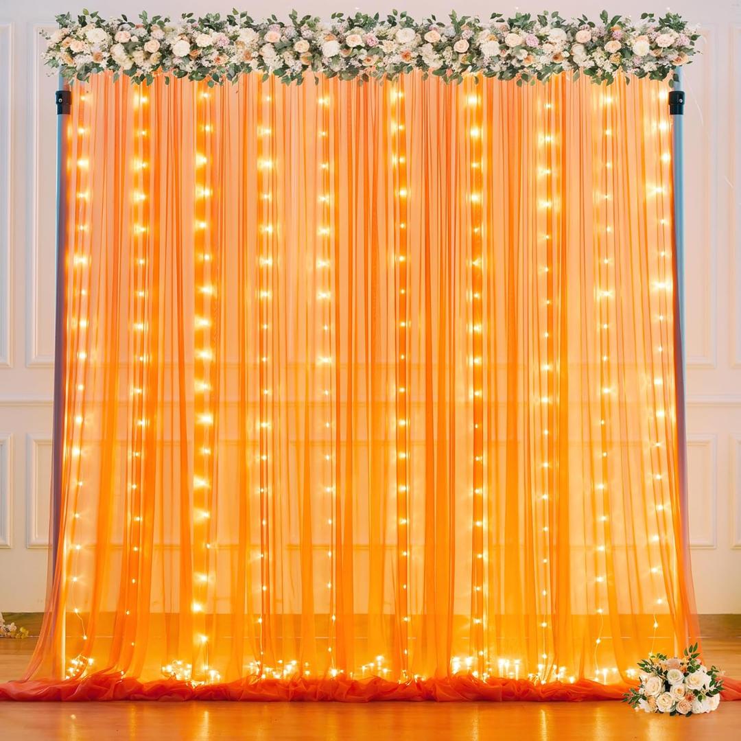 Orange Tulle Backdrop Curtain with Lights String for Parites 10x8ft Sheer Backdrop Curtains Drapes for Birthday Party Baby Shower Wedding Ceremony Prom Halloween Photo Booth Background Decorations