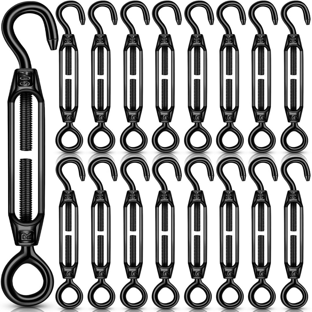 Chumia 16 Pcs M6/5/4 Turnbuckle Hook and Eye 304 Stainless Steel Heavy Duty Turnbuckle for Cables Wire Rope Tension Sun Shade Railing Sail Hardware Hanging DIY String Light Tent(M-six, Black)