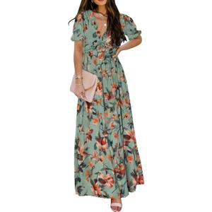 BLENCOT Womens Casual Boho Floral Printed V Neck Short Sleeve Long Evening Dress Ruched Cocktail Party Maxi Wedding Dress (Large, Green)