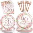 96 Pcs 90th Birthday Party Decorations for Women Rose Gold Floral 90th Birthday Plates and Napkins Tableware Sets 90 and Fabulous Party Supplies for 90 Years Old Birthday Party Favors Serves 24