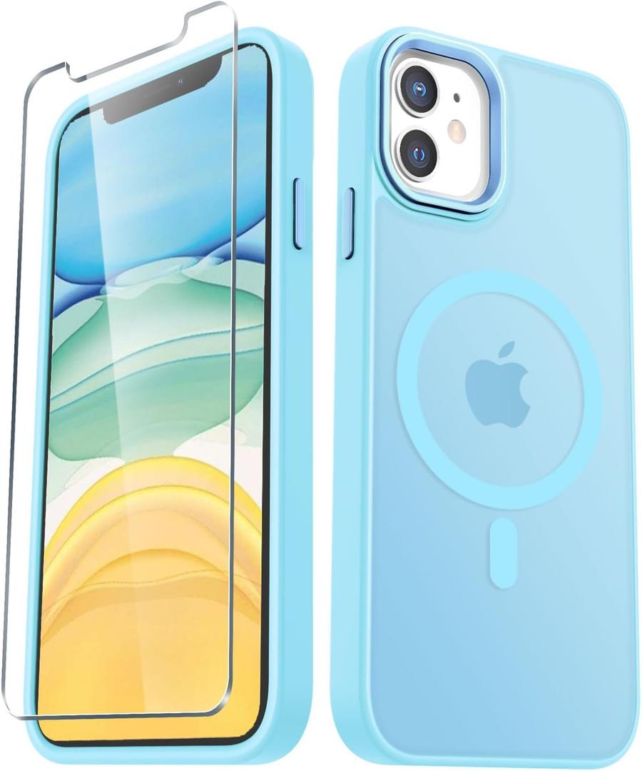 YENAPOON for iPhone 12 Case, iPhone 12 Pro Case, with 1 Screen Protector, Matte Magnetic Slim Phone Cover, Support for Magsafe, Shockproof Protection Translucent Frosted Back,Light Blue