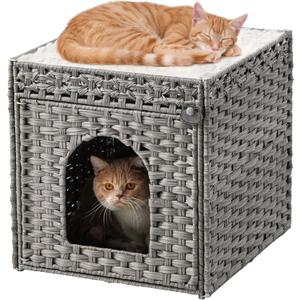 Cat Beds for Indoor Cats Extra Large Double Cat Cave Pet Cube, Handwoven Rattan Cat Houses with Double-Sided Soft Cushions, 18.5 x 20.5 x 19.1 Inches Foldable Hideaway in Living Room Gray