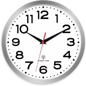 Roymnie Atomic Wall Clock 10 Inch, Modern Clock Battery Operated Classic Analog Decorative for Kitchen, Living Room, Office, Bedroom, Bathroom (Silver)
