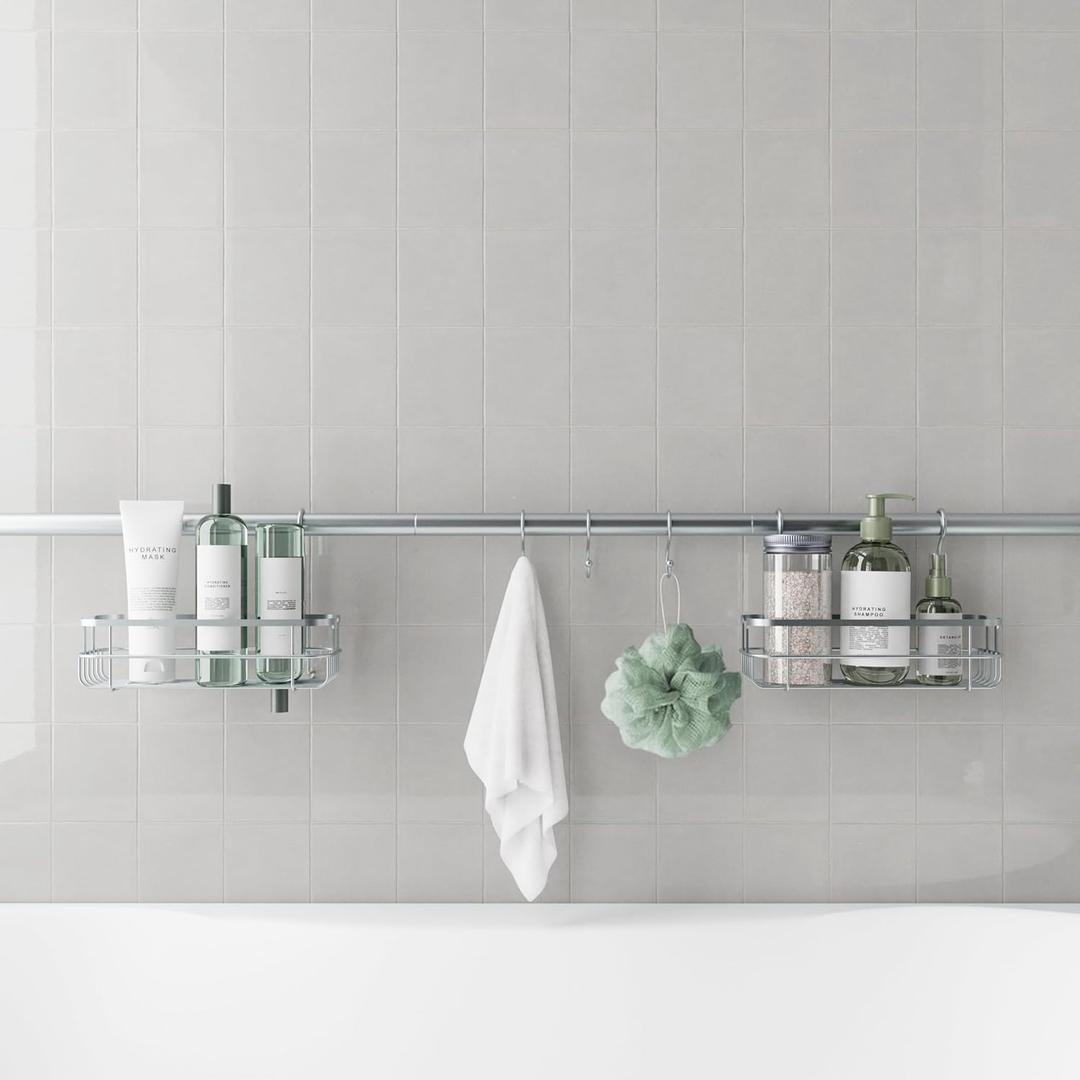 Zenna Home Bathroom Organizer Shower Caddy, Adjustable Horizontal Tension Pole Between Wall Shower Storage System with 2 Baskets and 3 Hooks, 26 to 76 Inch, Silver