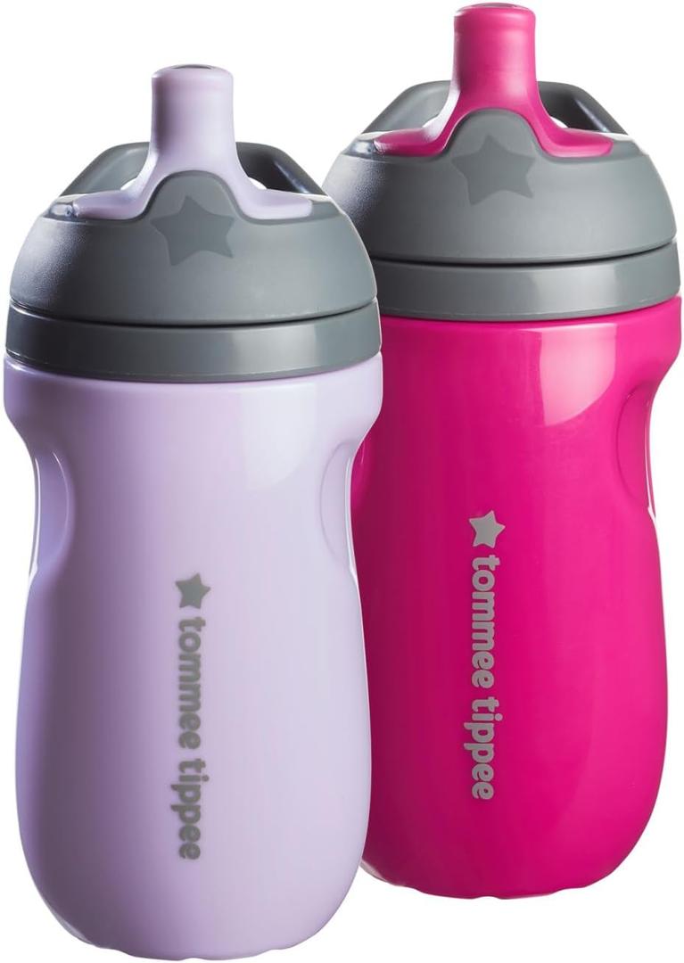 Tommee Tippee Insulated 9oz Sporty Spout Toddler Water Bottle, No Spill, Sippy Cups for Toddlers 1-3, Two-Piece Valve Helps Stop Spills, Lilac & Plum, BPA Free, Pack of 2