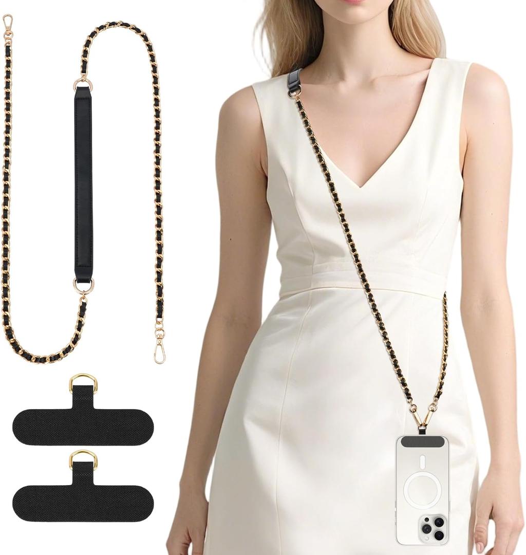 Dadanism Universal Phone Lanyard, Metal Cellphone Chain Crossbody, Anti-Theft Cross Body Phone Strap for iPhone 16, 15 and Most Smartphones, Cellphone Charm for Women Girls, Black & Gold