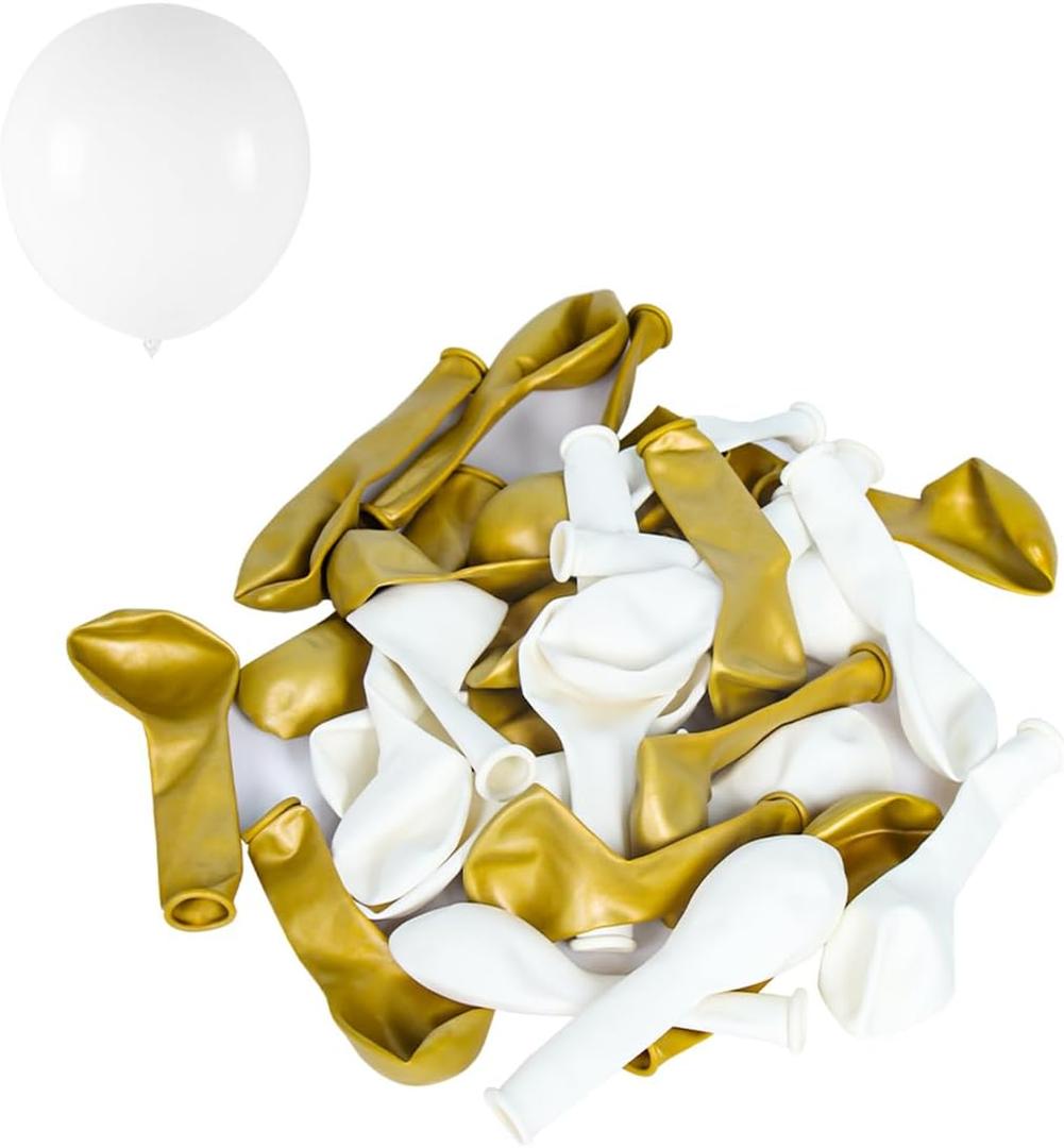 30PCS 5 inch Party Balloon Decoration for Wedding, Birthday, Made from Strong Latex, Solid Color, White + Gold