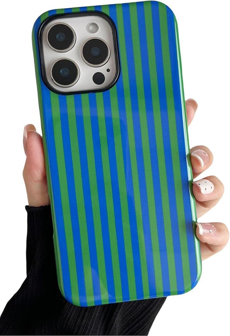 Compatible with iPhone 16 Pro Case Cute Aesthetic Striped Phone Case for Women Girl Shockproof Slim TPU and Hard PC Protective Cover (Green and Blue)