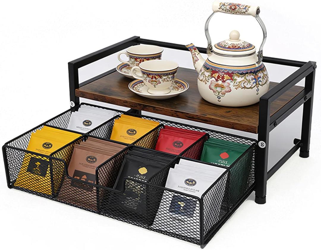 Tea Bag Holder, Tea Bag Organizer and Storage with Drawers, Tea Bags Organizer Natural Wood & Metal with 8 Compartments, Multi-Purpose Tea Rack Teabag Station Chest for Countertop, Kitchen, Office