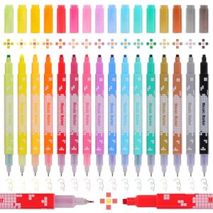 16Colors Dual Tip Fineliner Pens and Markers, 0.38mm Metal Clad Tip Gel Pen and Square Dot Stamp Pixel Markers,Assorted Colors Drawing and Coloring Pens for Kids and Adults Christmas Gift
