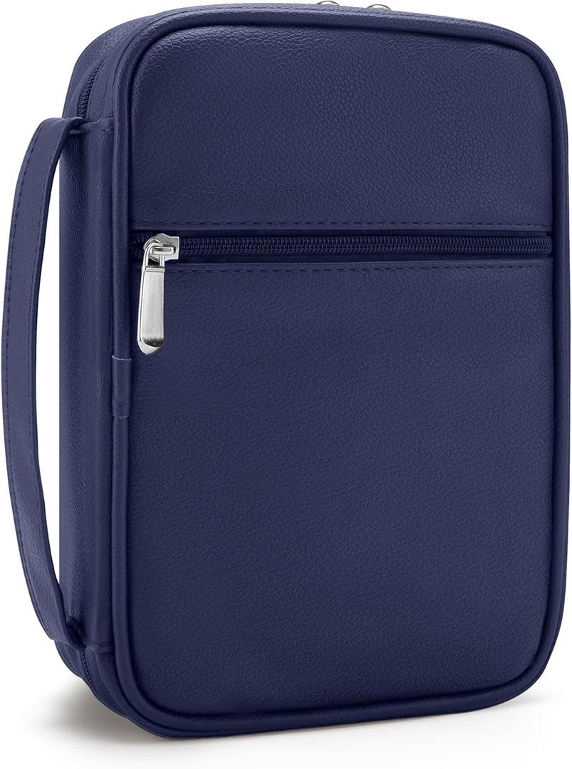Small Bible Cover Case for Women and Men, 9x6 PU Leather Bible Sleeve, Compact Travel Bible Carrier Bag with Front Pen Holders, Zipper Closure, Inner Pockets - Navy Blue