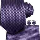 Dubulle Mens Tie Set Solid Paisley Silk Striped Necktie for Men with Cufflinks Tie and Pocket Square (Dark Purple)