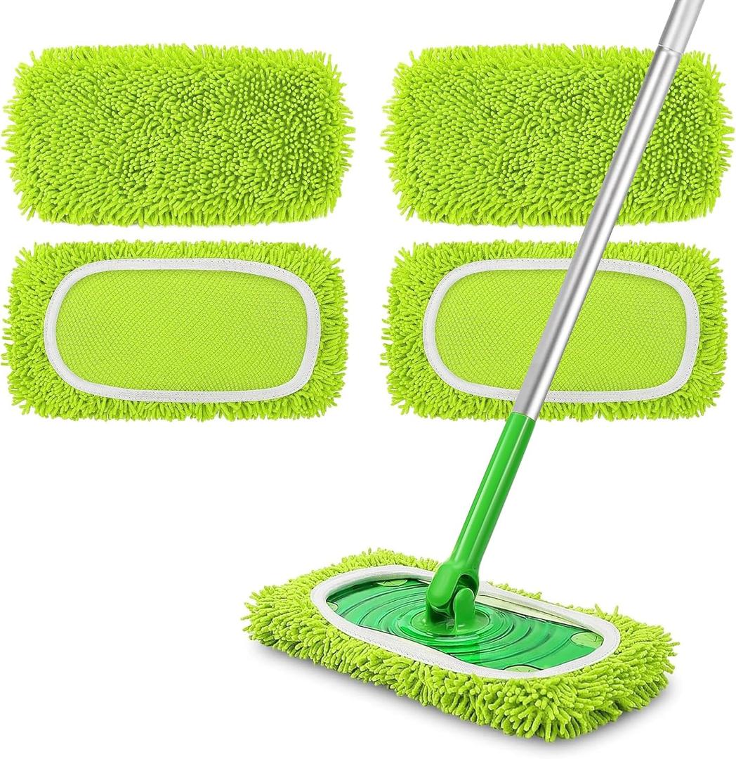 NEWE Reusable Microfiber Mop Pads Compatible with Swiffer Sweeper, 4 Pack Washable Wet Refills, Dry Sweeping Cloths for Cleaning Floors (Handle Not Included)