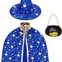 3pcs Wizard Costume Kids - Witch Cape Wizard Hat & Pumpkin Bag, Ages 3-10 Halloween Cape for Party Cosplay Outfit (Blue)