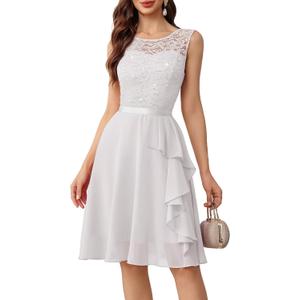 BeryLove Formal Cocktail Dresses Bridesmaid Wedding Guest Short Prom Dress Ruffle Hem Sleeveless Homecoming Lace Gowns (White, XS)