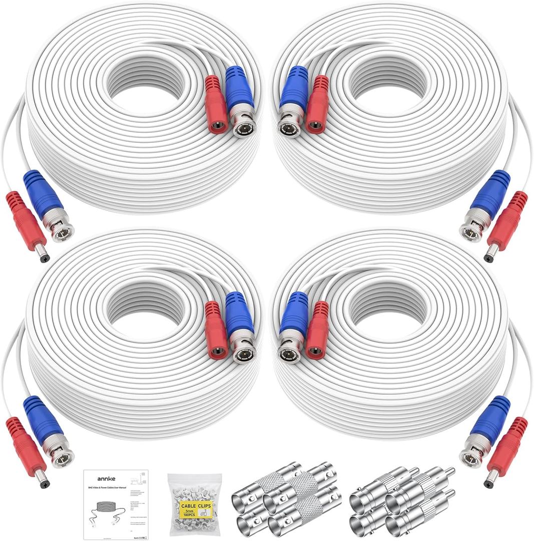 ANNKE 30M/100ft BNC Cable, Video Power Extension Surveillance Camera Cables for CCTV Security DVR System Installation, Free 8X BNC Connectors and 100pcs Cable Clips Included, 4 Pack, White