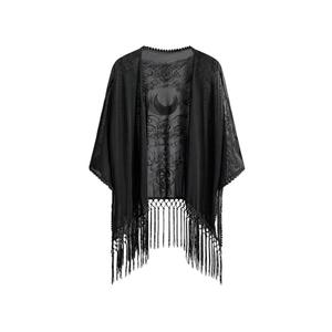BEAUDRM Women's Goth Tassel Kimonos Boho Hippie Whimsical Fringe Sheer Mesh 3/4 Sleeve Shawl Poncho Cardigan Tops Black Medium