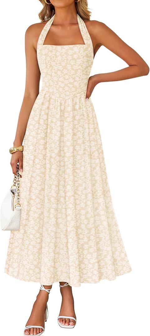 ZESICA Women's Summer Sleeveless Floral Maxi Dresses 2026 Halter Neck Flowy A Line Formal Cocktail Wedding Guest Long Dress (Beige, L)
