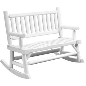 Outsunny 2-Person Wood Rocking Chair with Log Design, Heavy Duty Loveseat with Wide Curved Seats for Patio, Backyard, Garden, White