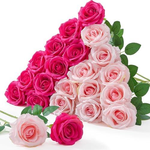 Serwalin 20pcs Artificial Pink & Hot Pink Roses, 4'' Big Flower Head, Fake Velvet Roses, Silk Roses Long Stems Realistic Bouquet for Wedding Parties Table Centerpiece and Home Decor : Home & Kitchen