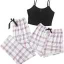 OYOANGLE Women's 3 Piece Pajama Set Cami Top and Plaid Print Shorts Pants Pj Set Loungewear (White, L)