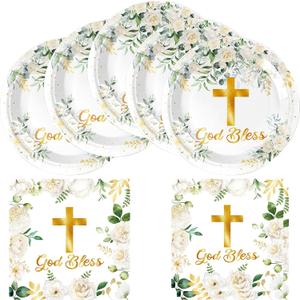 HJFZLY God Bless Tableware Set, First Communion 20 Plates and 20 Napkins, for Newborn Baptism Church Cross White Floral Party Decoration (7in)