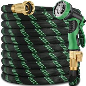 75 ft Heavy Duty Garden Hose - Super Flexible Leader Water Hose with 10 Pattern Spray Nozzle, Hybrid Rubber Hose Car Wash Pipe,3/4'' Solid Brass Conne (BlackGgreen)