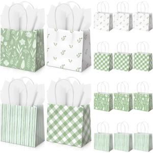 Silkfly 24 Pack Mini Sage Green Gift Bags with Handles & Tissue Paper 5x5x3 Inch Bulk Small Spring Floral Flower Candy Goodie Bag for Women Baby Shower Tea Party Bridesmaid Birthday Wedding Supplies