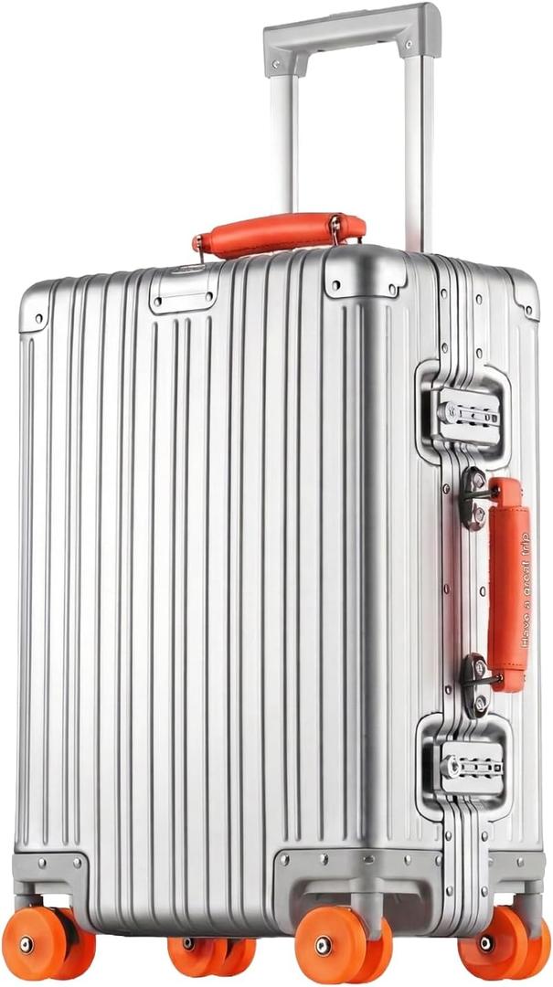 22x14x9 inch Zipperless Cabin Suitcase, 22 Inch 100% All Aluminum Shell Carry-on Suitcase, 56x36x22cm Aluminum Luggage Cabin, Aluminium Zipperless Carry On Luggage with Skate-Grade PU Wheels,TSA Locks (Silver)
