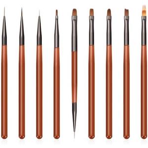 9Pcs Nail Art Brush Set, Builder Painting Design Detail Drawing Brushes Dotting Pen Double-Ended French Liner For Gel Polish Manicure Tools Acrylic Home DIY Salon Use Women, Brown