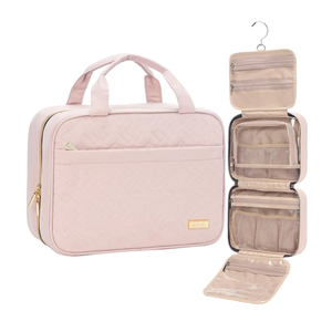 NISHEL Travel Toiletry Bag for women, Portable Hanging Organizer for Travel-Sized Shampoo, Conditioner, Brushes Set, makeup Accessories, Medium Size, Pink