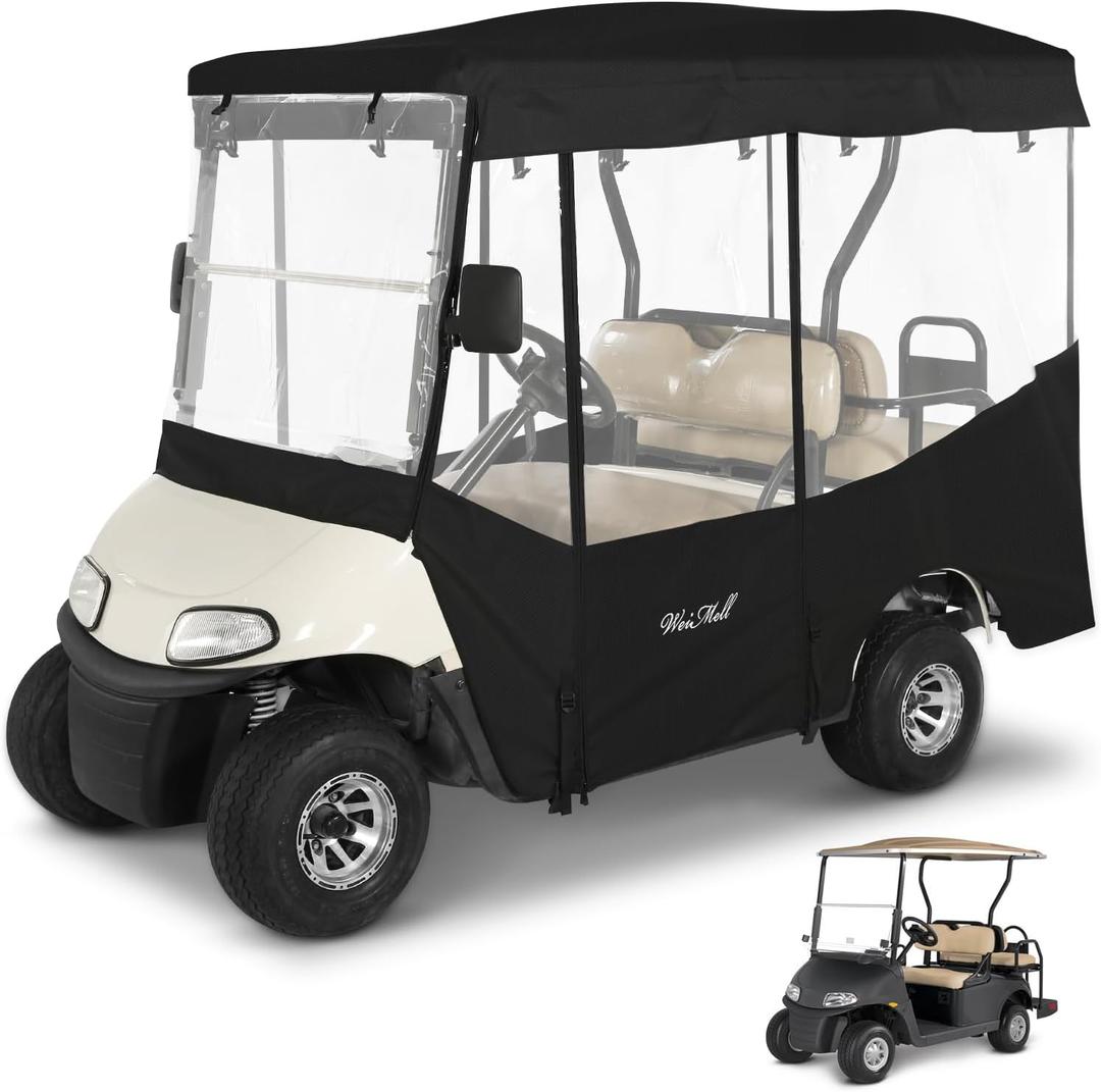 Golf Cart Enclosure 4 Passenger for EZGO RXV 2+2 Enclosure 600D Waterproof Windproof Driving Rain Cover Fit 4-Seater Long Roof with 4-Sided Clear Windows Roll-up Zipper Door Black