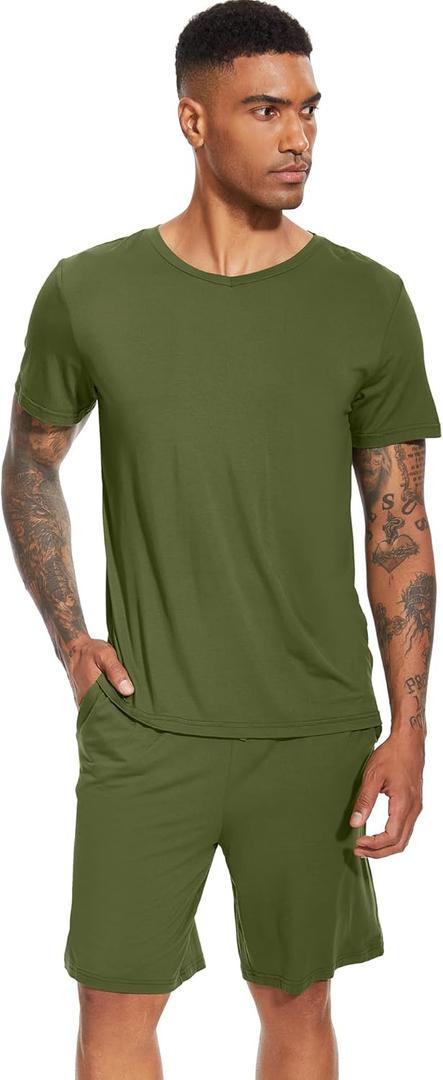 WiWi Mens Pajamas Set Soft Short Sleeve Pj Sleepwear Top and Shorts Pajama Sets Loungewear-Viscose from Bamboo S-3X (Medium, A-army Green)