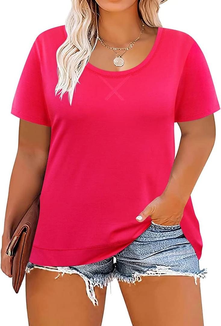 TIYOMI Plus Size T Shirt Tunic Tee Color Block Crewneck Raglan Summer Short Sleeve Tee XL-5XL (Pink, XXL)
