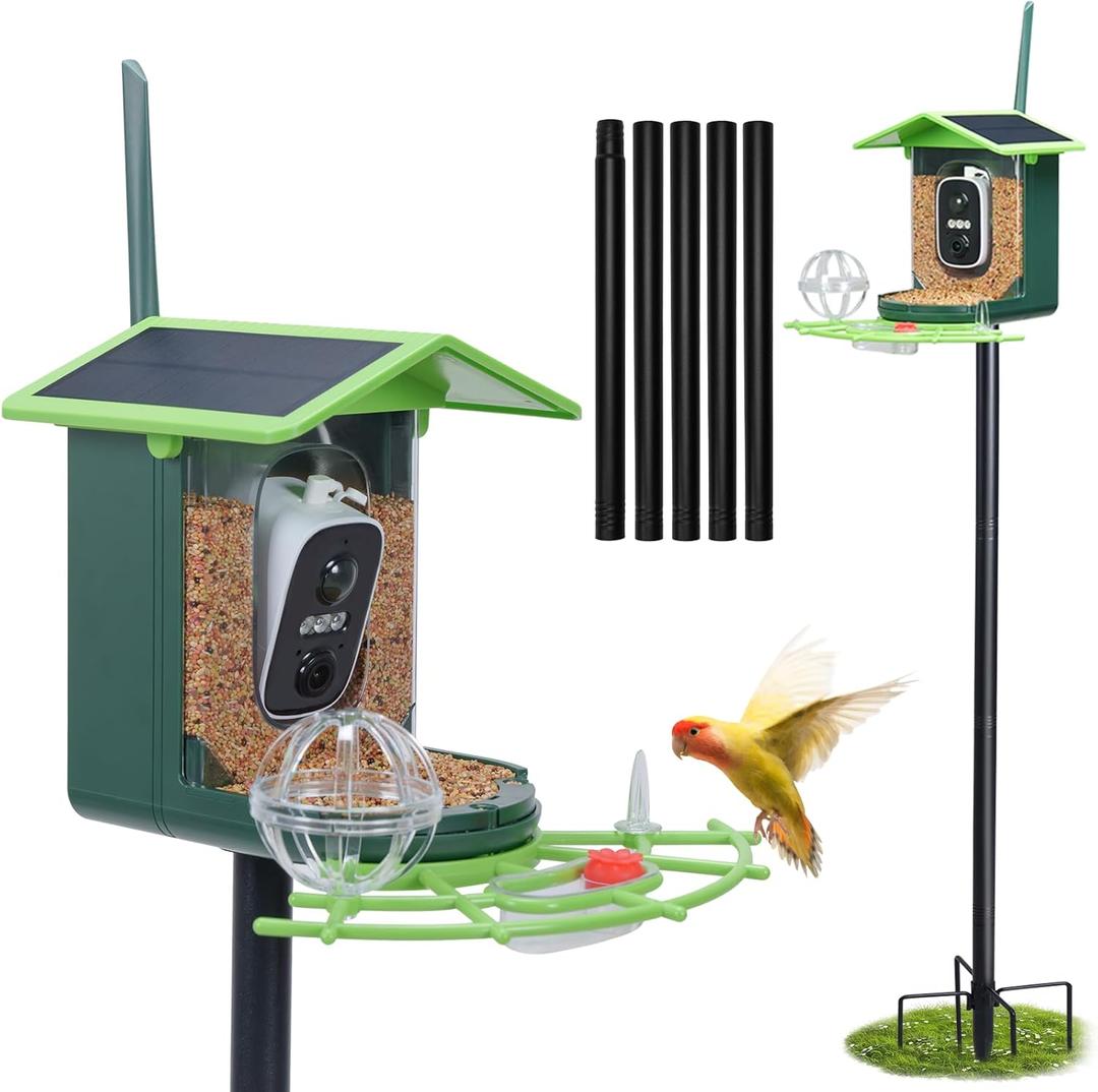 Bird Feeder with Camera and 75 Inch Pole&32GB SD Card, AI Birds Species, Smart Birds Camera Feeder Solar Powered, 2K HD Video, Instant Arrival Alerts&Notification, Ideal Gift for Bird Lovers