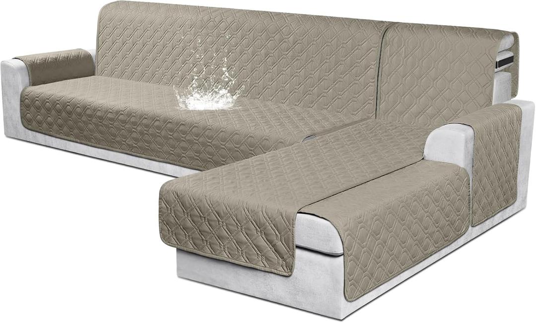 VANSOFY Sectional Couch Covers 100% Waterproof L Shaped Sofa Slipcover 3pcs Reversible Chaise Lounge Cover for Sectional Sofa Furniture Protector Cover for Pets Cat Dog(X-Large, Khaki)