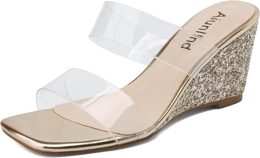 Wedge Sandals for Women Square Open Toe Wedge Heels Clear Two Strap Slip on Sandals Glitter Heels Transparent Slides Shoes (8, Gold)