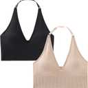 INIBUD Halter Bra for Women Longline Sports Bra Wireless Seamless Padded Backless Bralette with Adjustable Strap (Medium, Black&beige)
