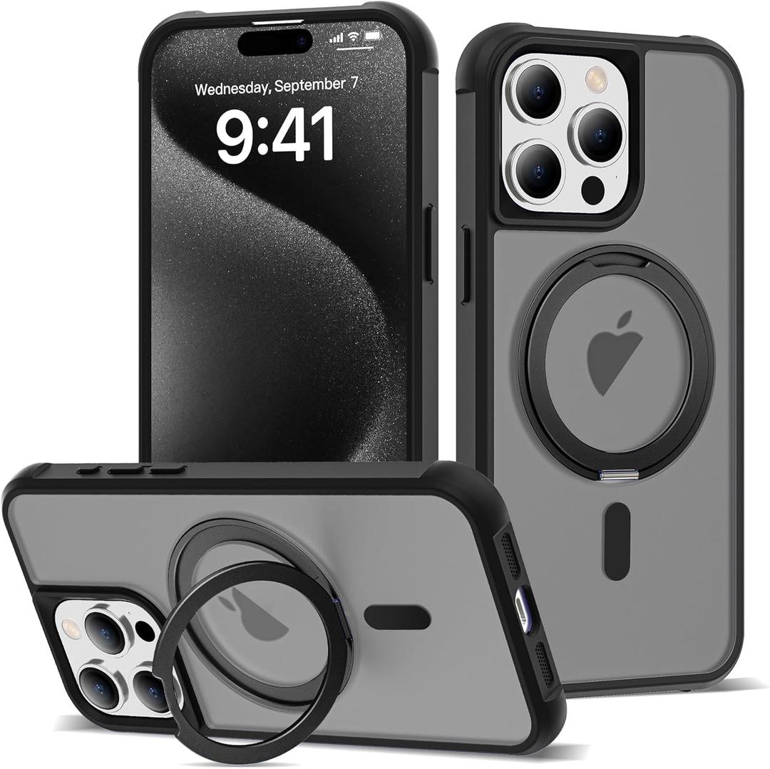 for iPhone 15 Pro Case 6.1 Inches 360Rotatable Magnetic Ring Invisible Stand,[Compatible with Mag-Safe] Military Shockproof Frosted Translucent Case,Black