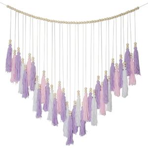 Pink & Purple Macrame Hanging Boho Wall dcor, Purple Wall Decor for Bedroom Living Room Girls Room Nursery Large Tassel Hanging with Wood Beads 41" W x 32" H