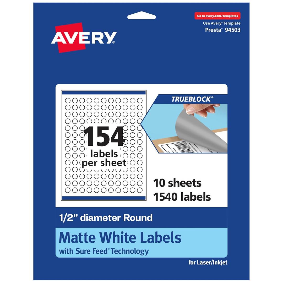 Avery TrueBlock Matte White Round Labels, Sure Feed Technology, 0.5" Diameter, 1,540 Matte White Labels, Print-to-The-Edge, Laser/Inkjet Printable, Great for Product Merchandising Stickers