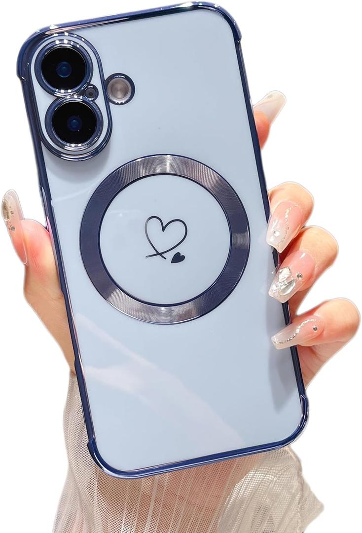 ZTOFERA Magnetic Case for iPhone 16 Plus Case 6.7" [Compatible with MagSafe] Cute Plating Love Hearts Pattern Case with Camera Protection,Soft Shockproof TPU Bumper Cover for Women Girls,Blue