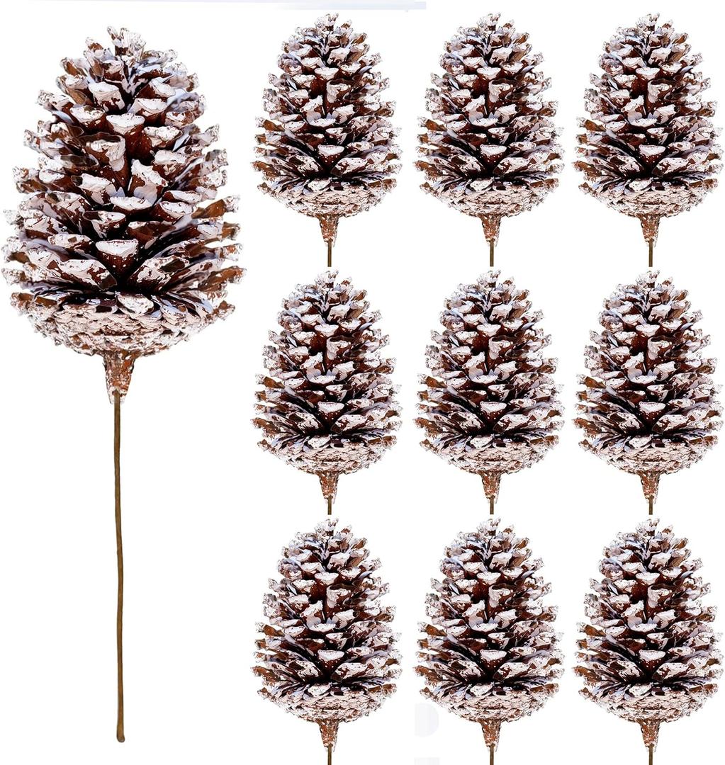 10 Pieces Large Christmas Pine Cones Decorations Picks - Frosted Snow Pine Cones for Christmas Tree, Garland Wreath Ornaments Home Decorating Pinecones Winter Holidays