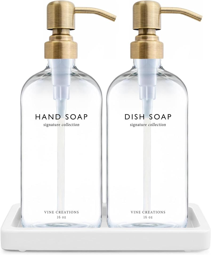 Vine Creations Glass Soap Dispenser Set, Kitchen Soap Dispenser Set with Ceramic Tray, 16 oz Dish Soap and Hand Soap Dispensers with Stainless Steel Pump Decor (Clear Bottle/Brushed Brass)