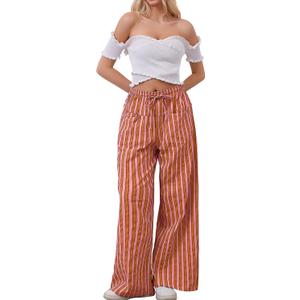 Women Drawstring Stripe Wide Leg Casual Trousers Striped Low Rise Casual Loose Lounge Pants with Pockets (Medium, Red)
