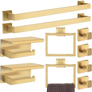 Blulu Bathroom Accessories Set 23.6 Inch Toilet Paper Holder with Phone Shelf Bathroom Hardware Set Towel Ring Robe Hook Stainless Steel Towel Holder Kit Wall Mounted(Gold,10 Pcs)
