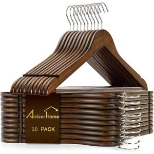 Amber Home 30 Pack Walnut Wooden Coat Hangers, Vintage Wood Suit Hangers with Non-Slip Pant Bar, Clothes Hangers for Closet Organization, Shirts, Jackets, Dresses, and Pants (Retro, 30)